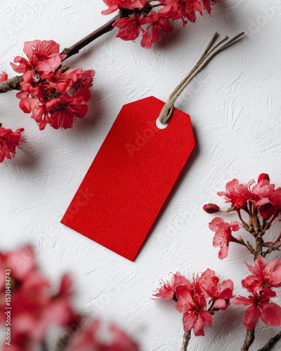 A red blank shopping tag with a string is surrounded by red and pink flowers on a white background.