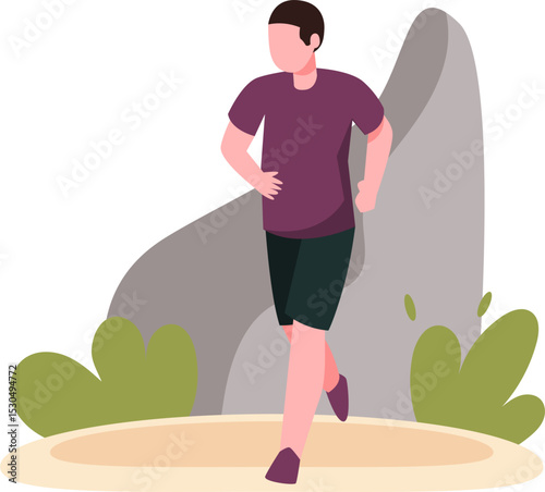 Man jogging outdoors near rocks and bushes in a vibrant vector illustration