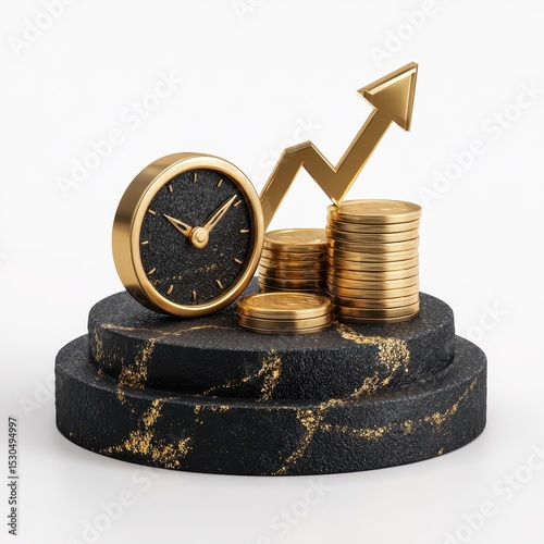 Gold coins, clock, upward trend on a black marble pedestal