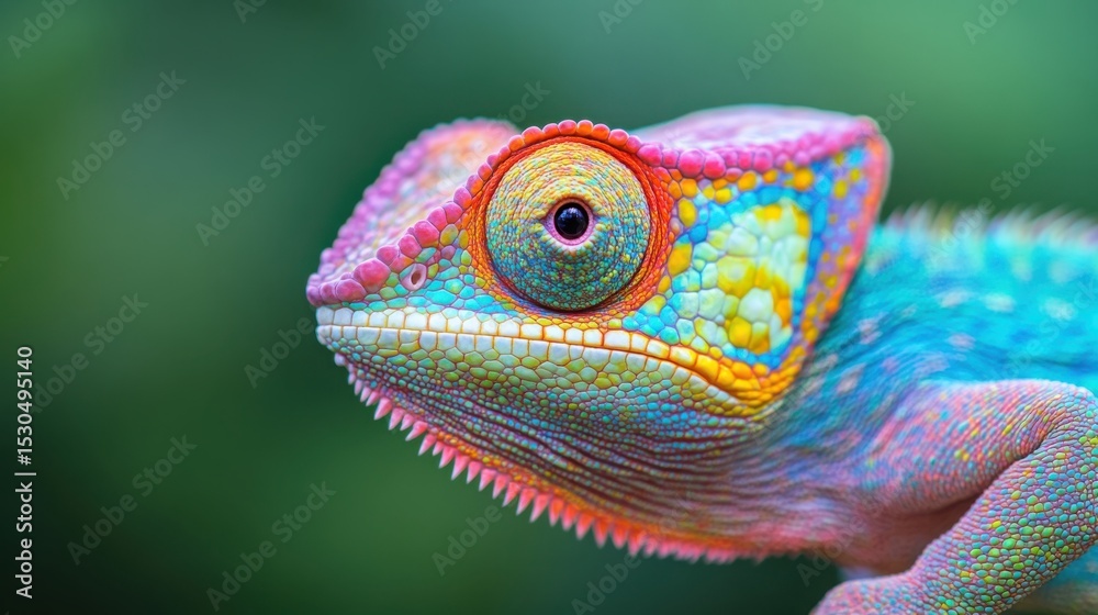 Obraz premium A close-up of a colorful chameleon showing vibrant scales and a detailed eye against a blurred green background.