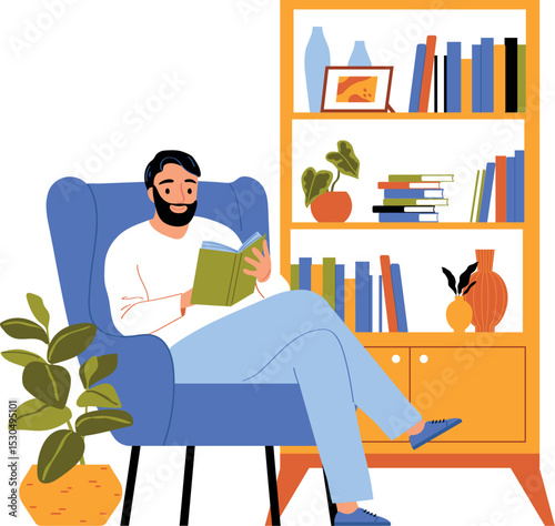 Man relaxing in armchair reading book with bookcase and plant nearby