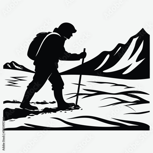A  person with a walking stick crossing a glacier silhouette design vector art and illustration	