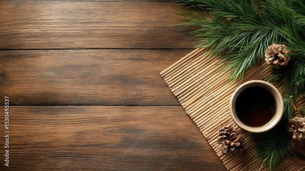 Naklejka premium A cozy rustic table setting featuring a calming tea cup alongside pine branches and pinecones, evoking a warm atmosphere perfect for relaxation and enjoying tranquil moments.