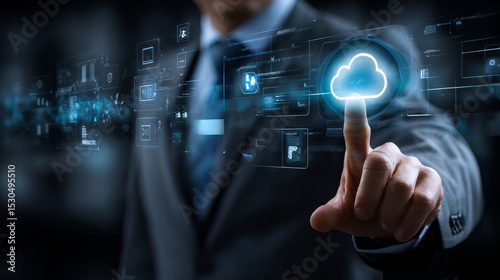 A businessman touches a glowing cloud computing icon on a transparent digital screen, illustrating remote data storage, seamless access, and scalable infrastructure.