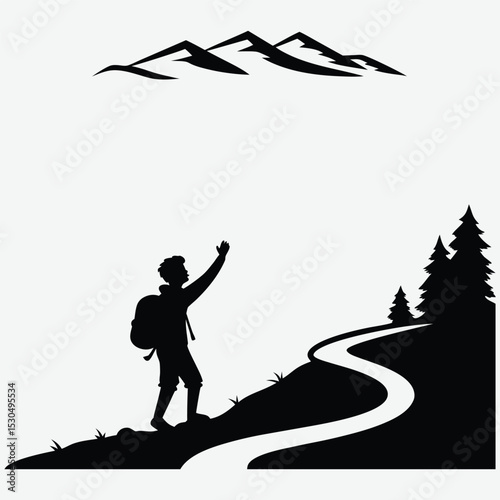 A person waving from a mountain trail  silhouette design vector art and illustration	