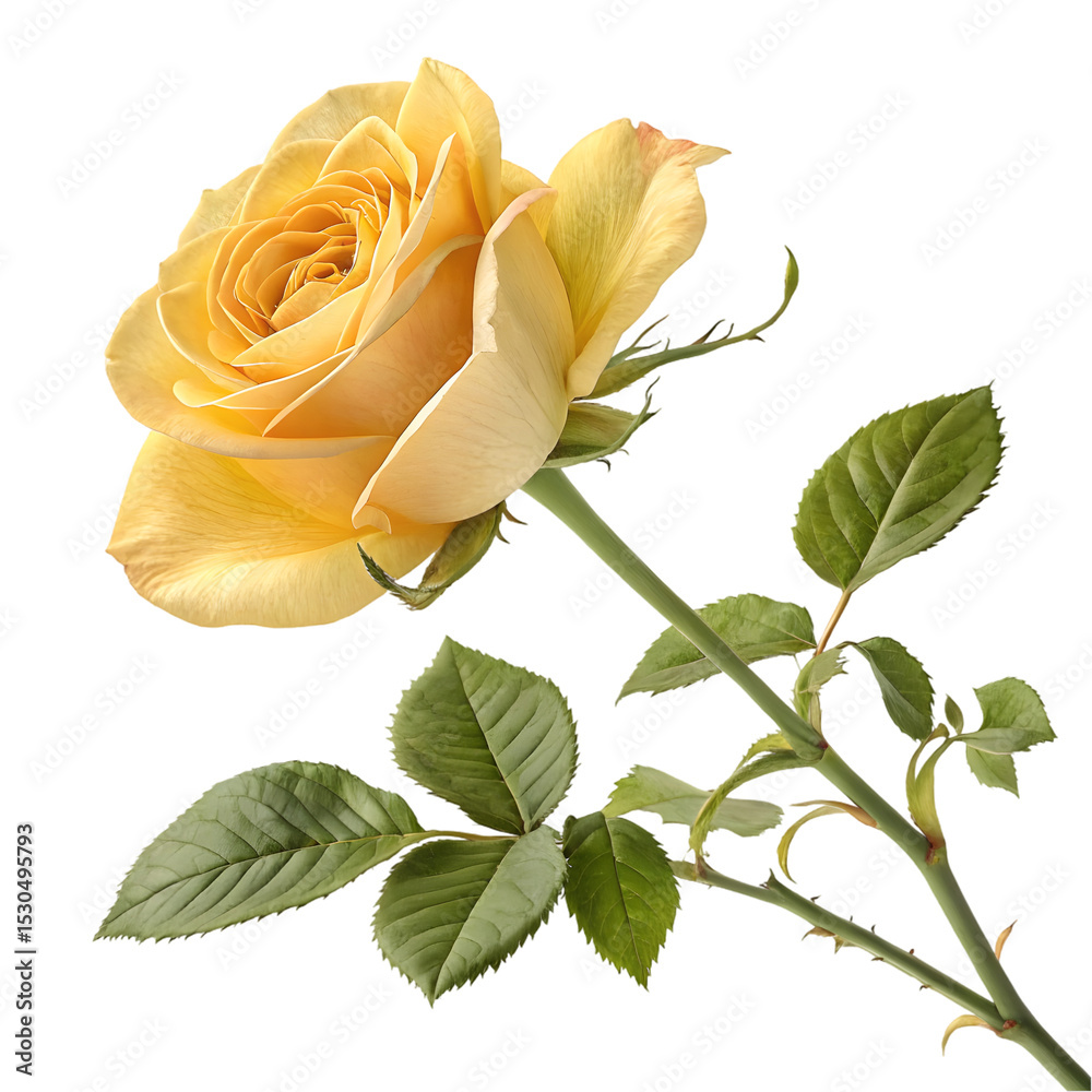 Obraz premium Blooming Yellow Rose and Leaves on White Surface