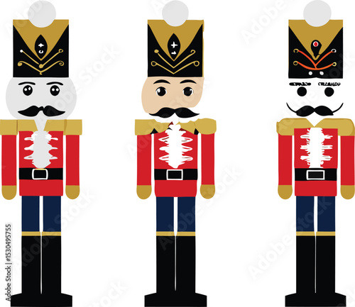 Three Cartoon Nutcrackers in Red and Blue Uniforms Standing Side by Side