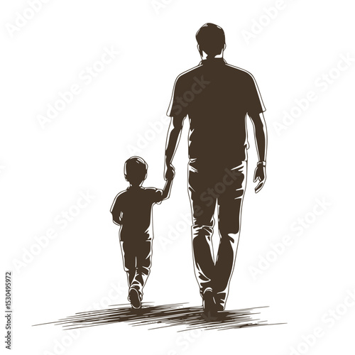Father and son black silhouette on white background. Man walking with child by hand. Fatherhood, parenthood, father's day. Abstract image of father and child, vector graphic