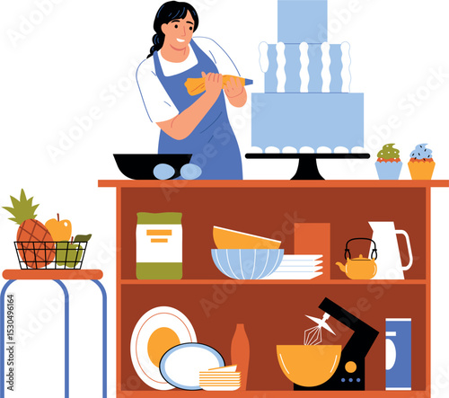Woman decorating a cake in a kitchen with baking ingredients and utensils