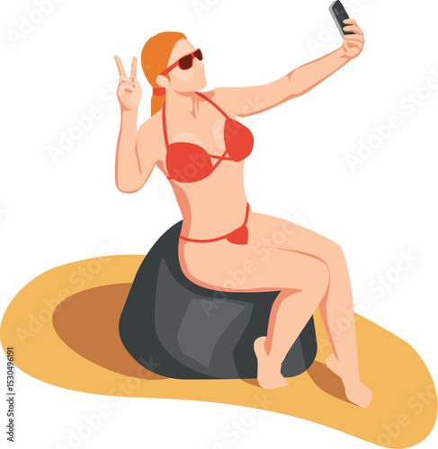 Woman in red bikini takes selfie on beach while seated on rock