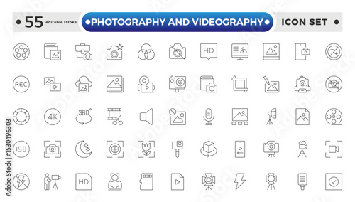 Photography and Videography outline Icon set. Camera, Lens, Studio, Film Equipment, Digital Camera, Tripod, Editing Tools,DSLR, Film Reel, Media Tools, Lights, Action. Editable stroke outline icon.
