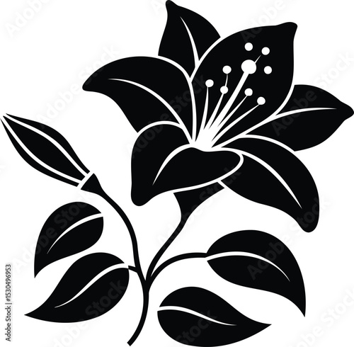 Lily flower with leaves silhouette vector illustration, perfect for floral decoration, botanical designs, wedding themes, or natural elegance concepts
