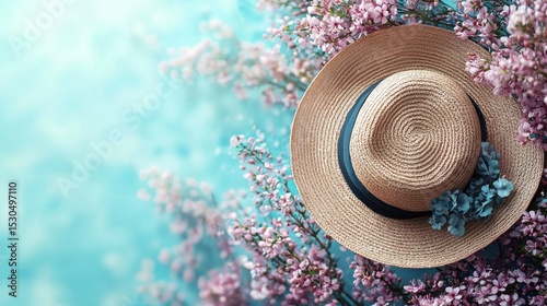 Summer Sun Kissed Hat Among Beautiful Flowers in Bright Space