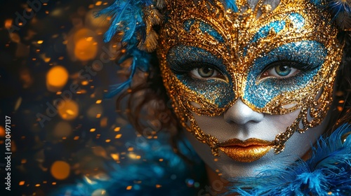 Vibrant Carnival Scene with Colorful Mask and Shimmering Background