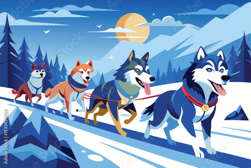 A vibrant illustration of several sled dogs, likely Huskies and perhaps other breeds, pulling a sled across a snowy landscape at night.