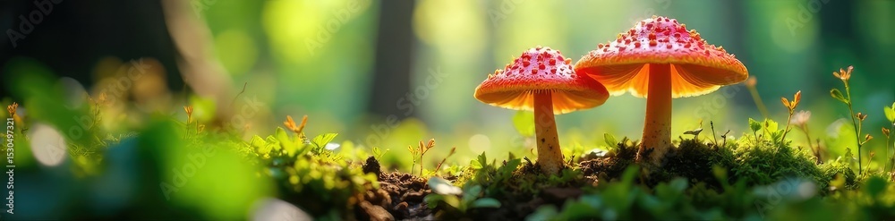 Fototapeta premium Close-up of vibrant, colorful mushrooms thriving in a lush summer forest, sunlight dappling through leaves Perfect for nature, botany, and environmental themes , nature, cap