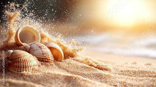 Realistic Photography of Seashells Emerging from Sandy Shoreline