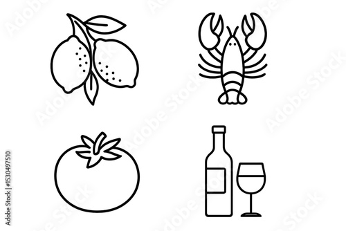 Lemons, lobster, tomatoes, wine, and glass arranged in a simple design on a white background