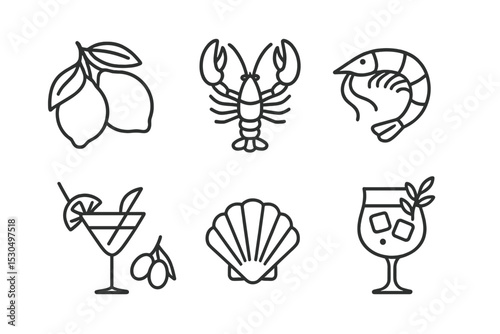 Seafood and citrus icons representing tropical flavors in a minimalistic design