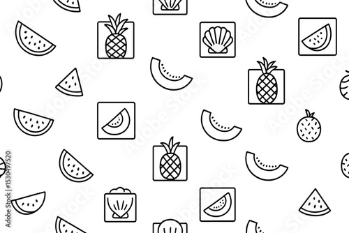 Fun fruit and shell pattern design featuring pineapples, watermelons, and shells on a plain background