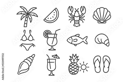 Summer beach icons featuring tropical elements, seafood, and refreshing drinks in a playful design