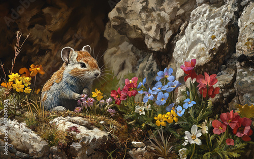 The pika carries small bunches of flowers