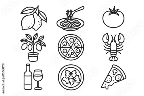 Various food items and ingredients displayed in a simple line art style for culinary inspiration
