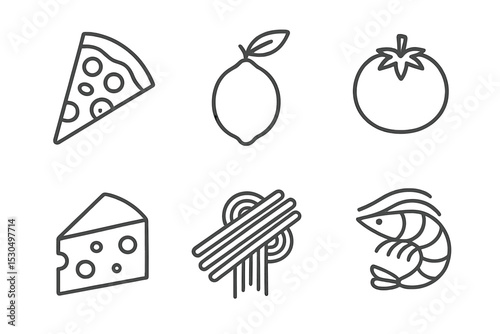 Delicious food icons featuring pizza, lemon, tomato, cheese, noodles, and shrimp in a minimalist style