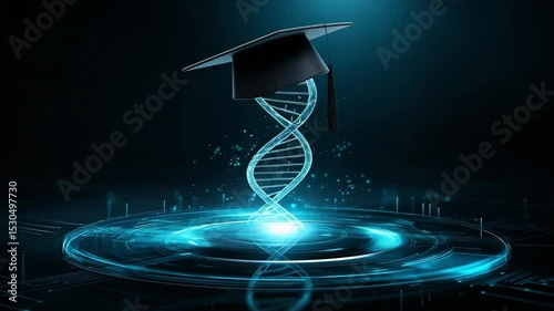 Innovative intersection of education and biotechnology showcasing a graduation cap above a DNA helix