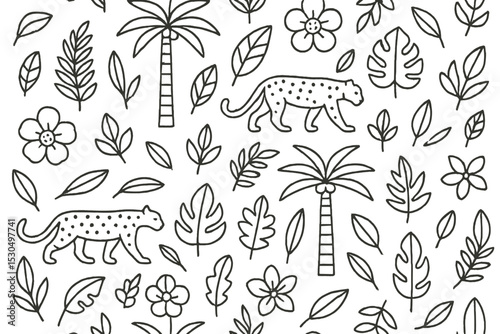 Pattern featuring leopards and tropical plants in a playful design captured in a vibrant style