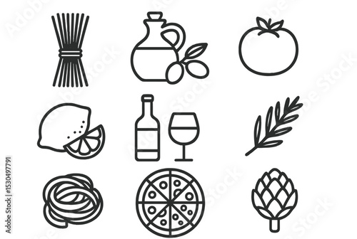 Ingredients and items for preparing a delicious Italian meal including pasta, wine, and fresh vegetables