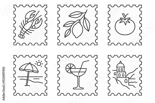 Six unique stamps featuring seafood, fruits, cocktails, and a sunny beach scene showcasing Mediterranean culture