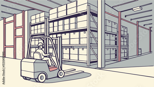 Forklift operator in warehouse with shelves full of boxes ready for distribution and shipping goods
