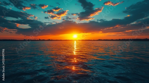 Serene Evening Glow Over Tranquil Lake at Sunset in Realistic Photography