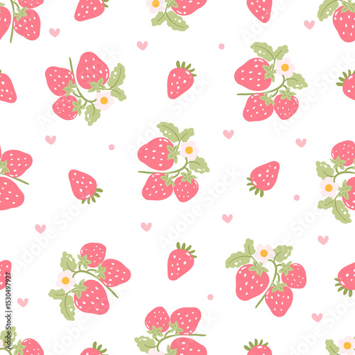 Seamless pastel pattern with hand-drawn strawberries, green leaves, hearts, and dots 