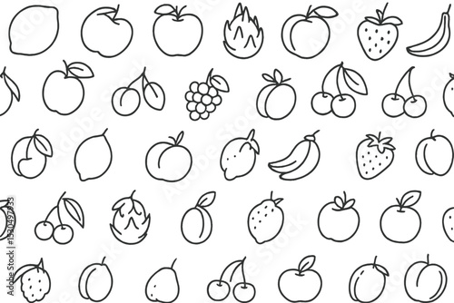Collection of hand-drawn fruit illustrations including apples, strawberries, and bananas on a white background