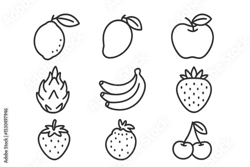Fresh fruits illustrated in simple line art style featuring lemons, mangoes, apples, bananas, strawberries, and cherries arranged in a grid
