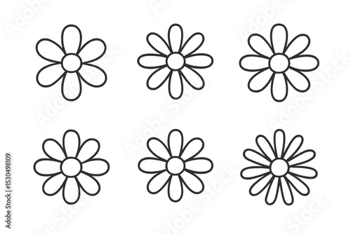 Six playful flower illustrations featuring simple outlines and varied petal designs perfect for cheerful graphics