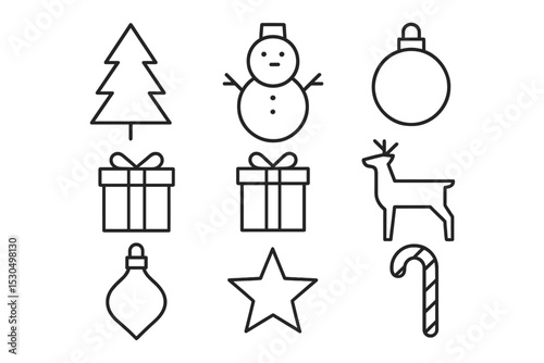 Holiday decorations featuring a tree, snowman, gifts, and festive ornaments in a simple, minimalist style