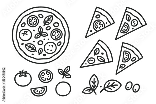 Creative illustration of pizza slices and fresh ingredients in a minimalistic black and white style