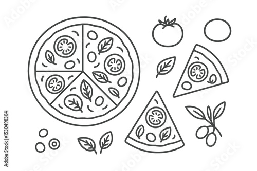 Delicious hand-drawn pizza with fresh ingredients on a white background
