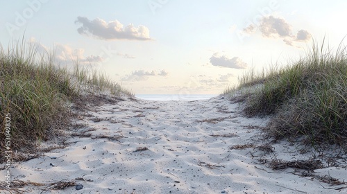 Tranquil Beach Pathway Through Grass Under a Soft Sky