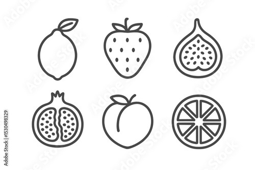 Fresh fruity illustrations showcasing lemon, strawberry, fig, pomegranate, peach, and orange in a simple design