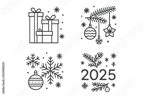 Creative holiday-themed illustrations featuring gifts, ornaments, snowflakes, and a New Year message for 2025