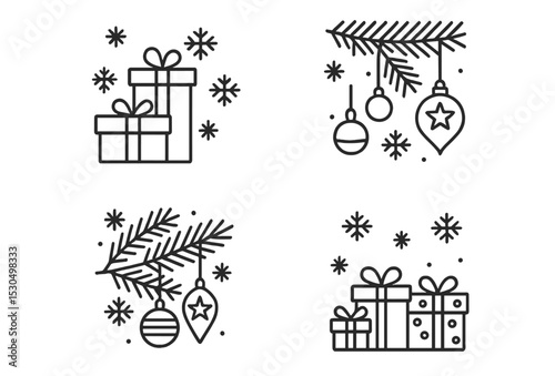 Set of Christmas themed ornaments and gifts featuring a winter design with snowflakes and festive decorations