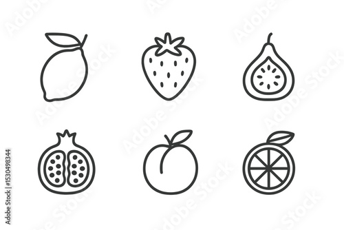 Fresh fruit illustrations showcasing a variety of citrus and tropical flavors in simple line art style
