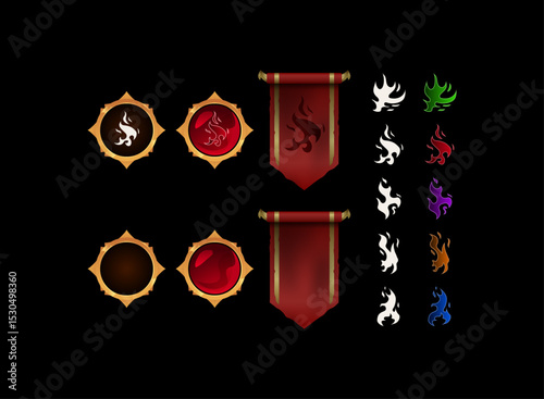 fantasy rpg medieval banner flags, red gold set pennant game icon with fire symbol collection