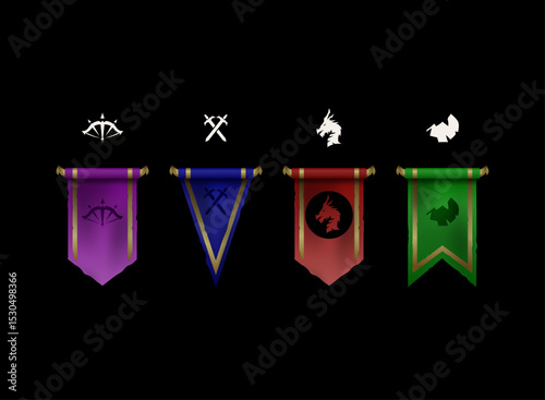 fantasy rpg medieval banner flags, colorful set pennant game icon with class and animal heraldic