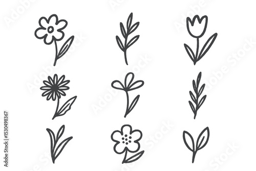 Floral doodles featuring various flower types and green leaves designed for artistic inspiration