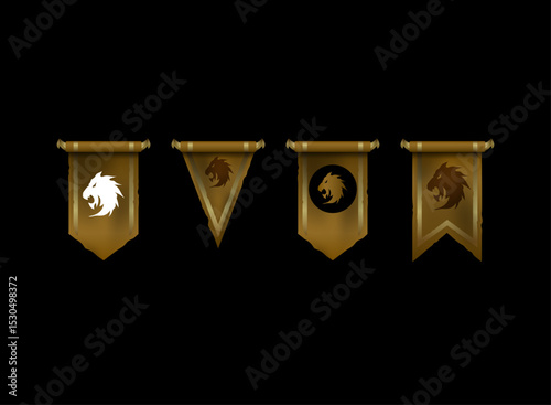 fantasy rpg medieval banner flags, gold set pennant game icon with lion symbol emblem